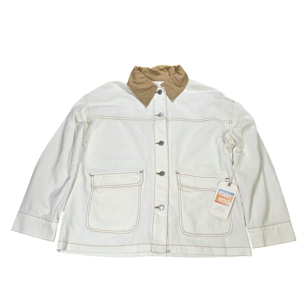 Cali 1850 Cotton Chore Jacket Women's Size Small White Corduroy Tan Collar NWT